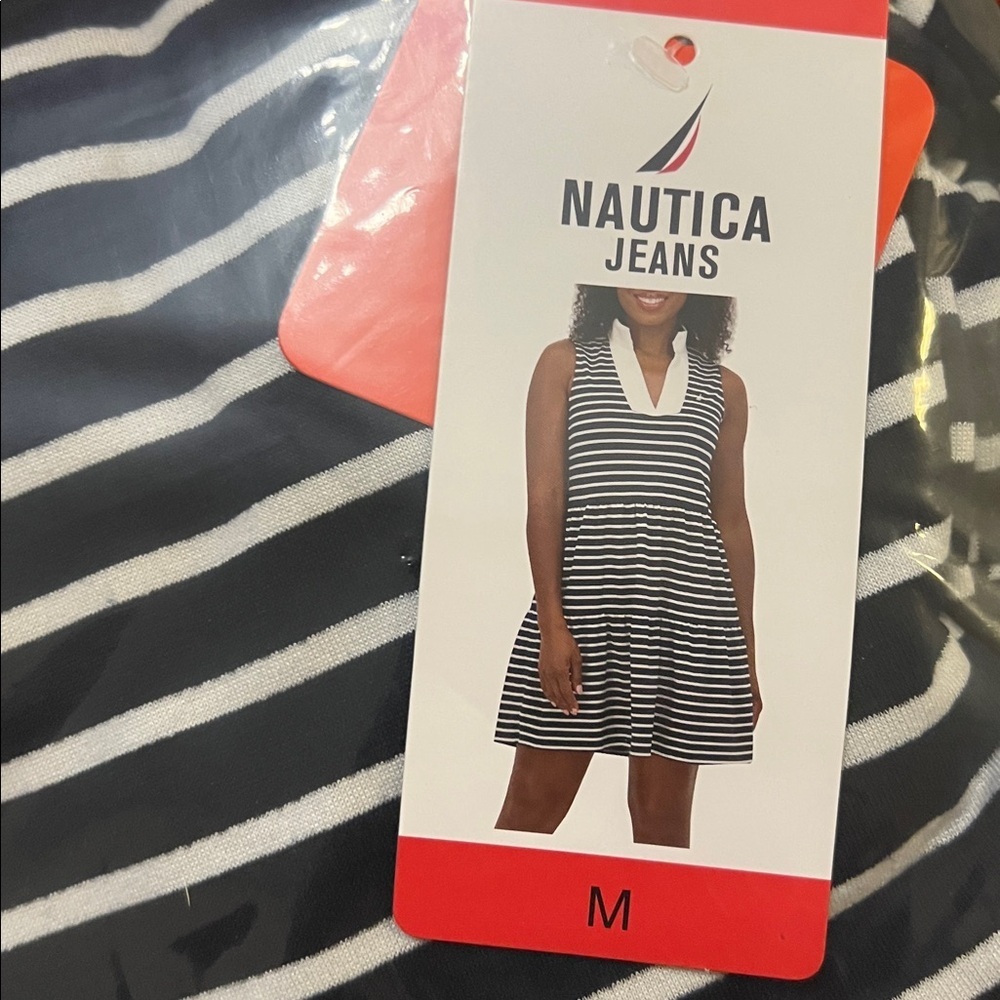 NWT Nautica Jeans Women's Tiered Dress summer fall spring navy white strip - Picture 9 of 9